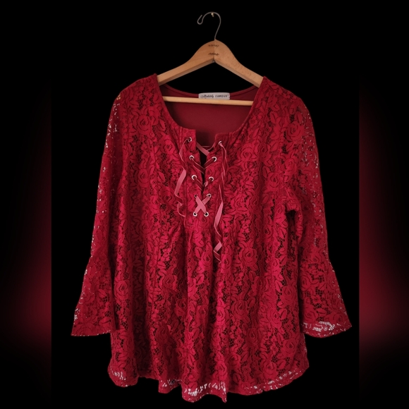 Absolutely Famous Tops - Women's Red Lace 1X Top Shirt Bell Sleeve Whimsygoth Corset Sheer Boho Festival